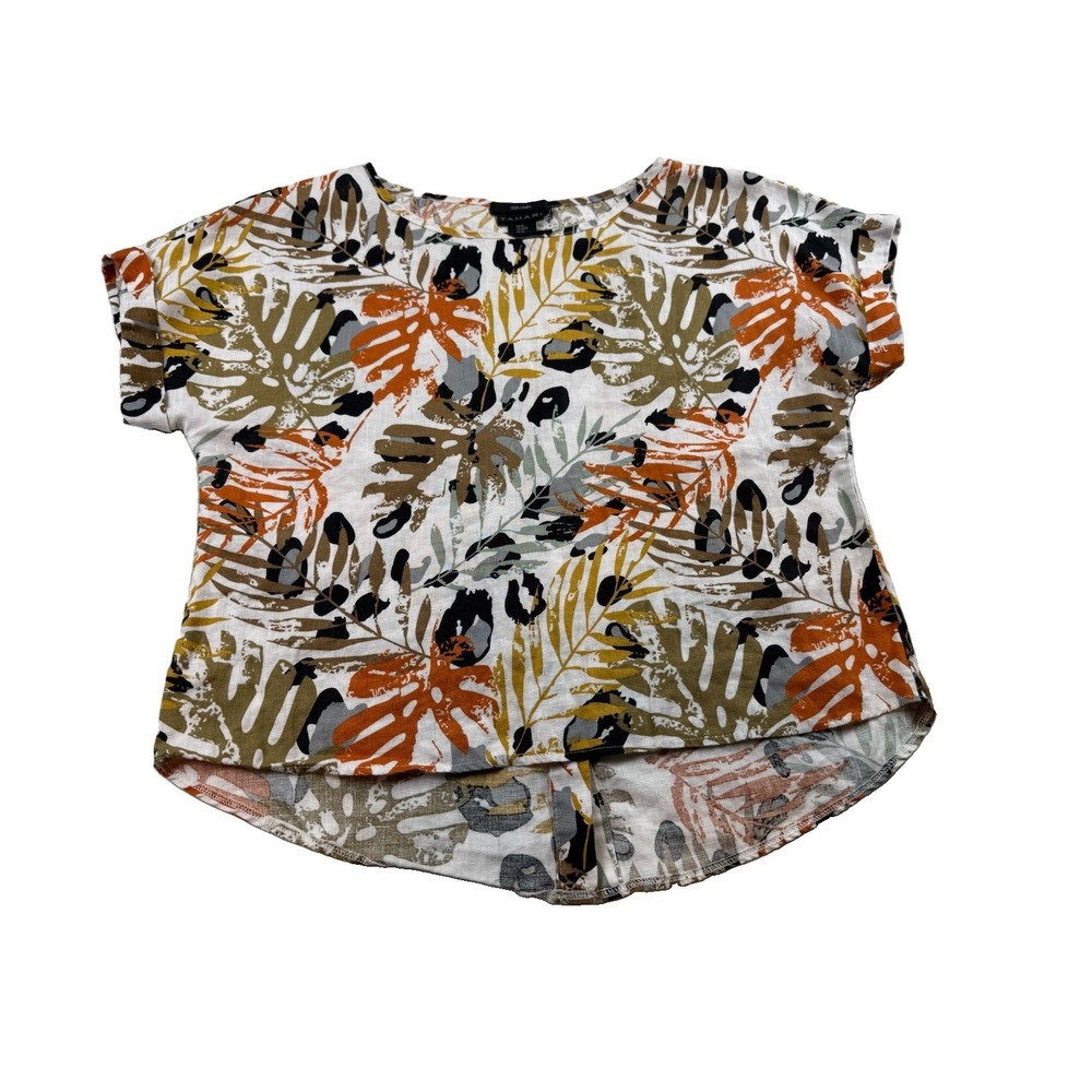 Tahari Women M Tropical Leaf Print 100% Linen Knit Cap Sleeve Top